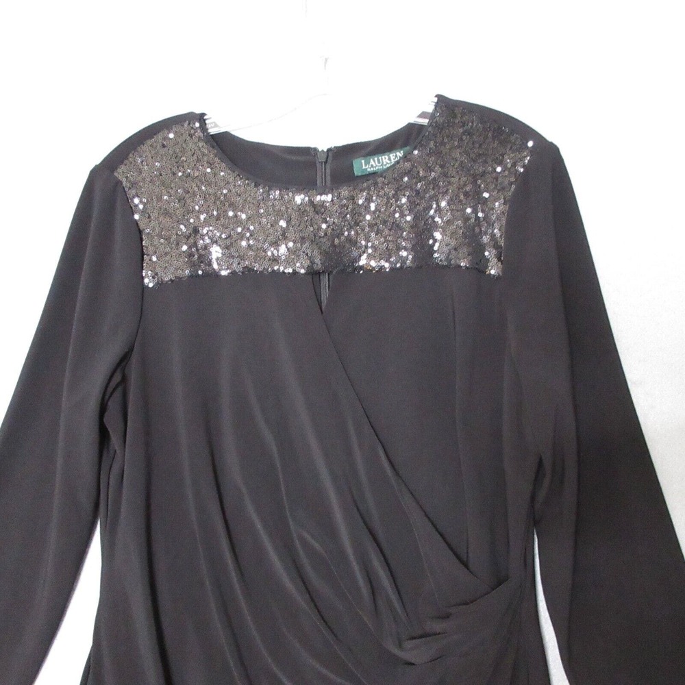 Lauren Ralph Lauren Black Sequin Faux Wrap Ruche Long Sleeve Dress - Picture 2 of 12